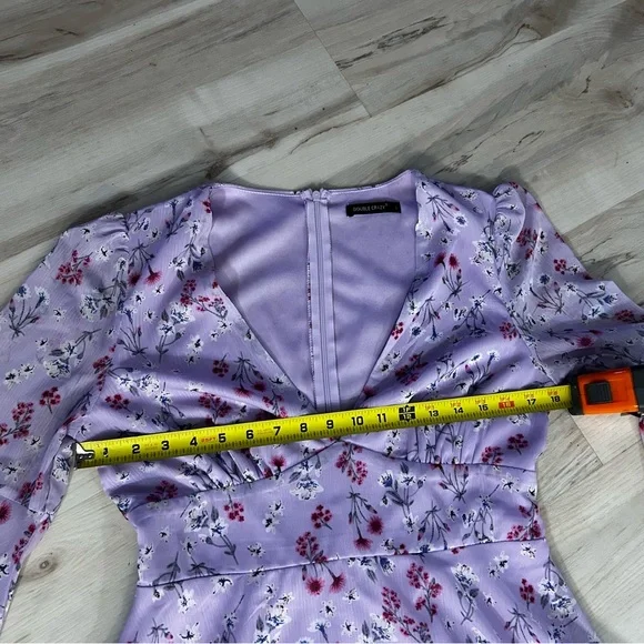Double Crazy Purple Floral Dress Size Large Boho Bell Sleeve Empire Waist Flowy - Picture 5 of 15